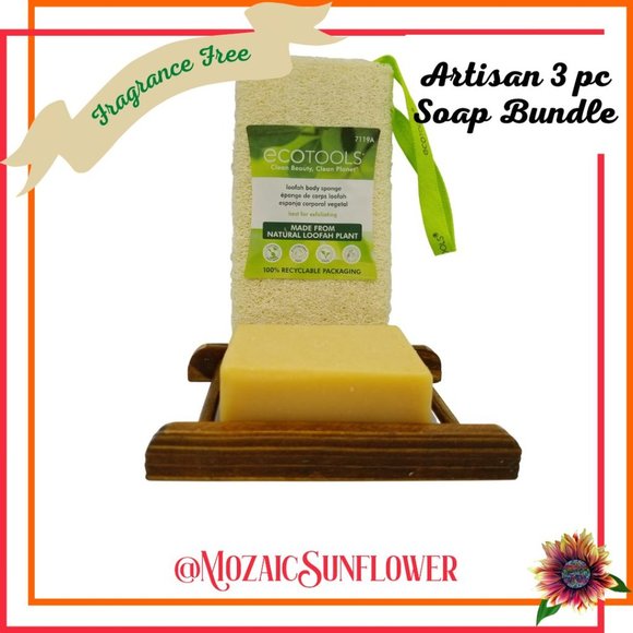 Artisan Crafted Goats Milk Fragrance Free Soap Bamboo Soap Tray Loofah Set - Picture 1 of 3
